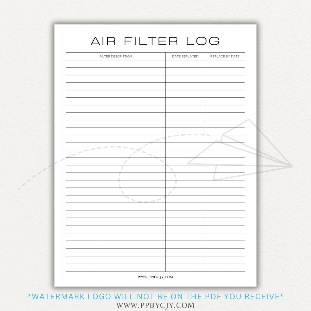 Air Filter Replacement Log Printable PDF Template for HVAC Maintenance Tracking