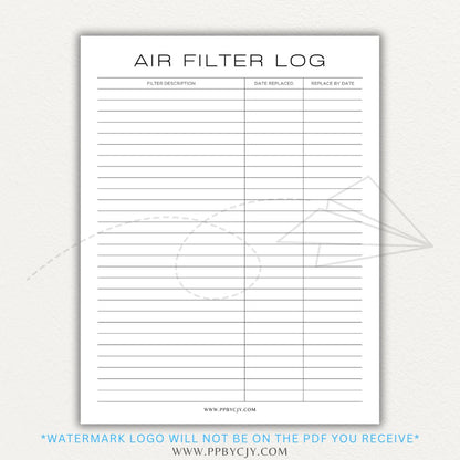 Air Filter Replacement Log Printable PDF Template for HVAC Maintenance Tracking