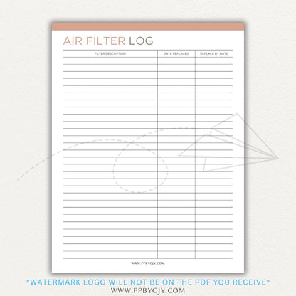 Air Filter Replacement Log Printable PDF Template for HVAC Maintenance Tracking