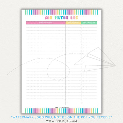 Air Filter Replacement Log Printable PDF Template for HVAC Maintenance Tracking