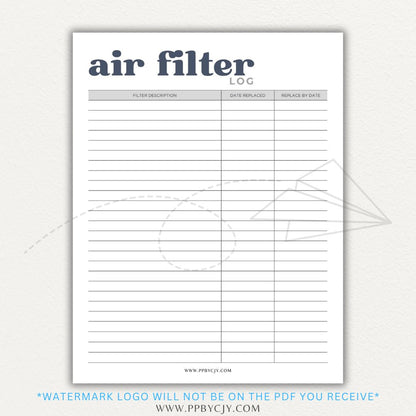 Air Filter Replacement Log Printable PDF Template for HVAC Maintenance Tracking