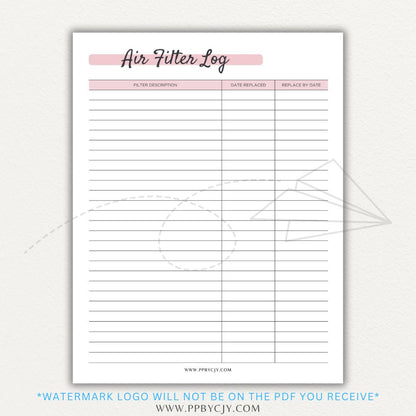 Air Filter Replacement Log Printable PDF Template for HVAC Maintenance Tracking