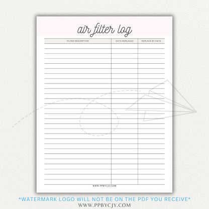 Air Filter Replacement Log Printable PDF Template for HVAC Maintenance Tracking