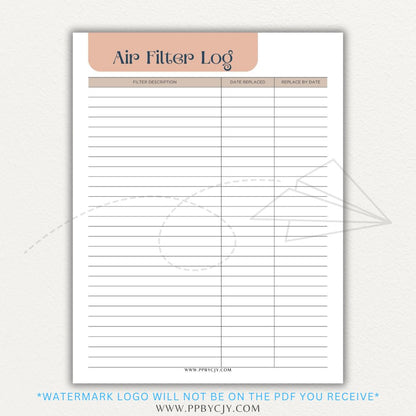 Air Filter Replacement Log Printable PDF Template for HVAC Maintenance Tracking