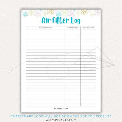 Air Filter Replacement Log Printable PDF Template for HVAC Maintenance Tracking