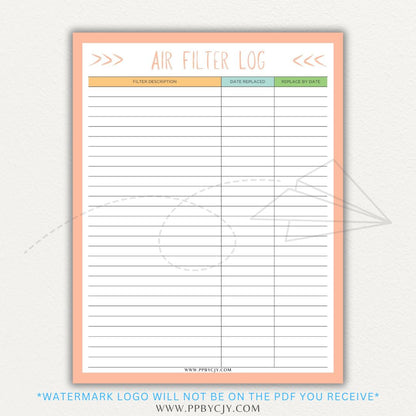 Air Filter Replacement Log Printable PDF Template for HVAC Maintenance Tracking