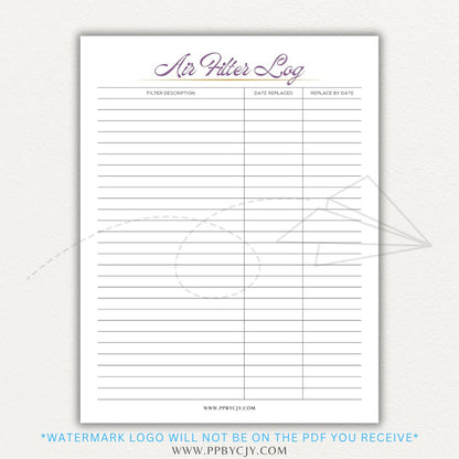 Air Filter Replacement Log Printable PDF Template for HVAC Maintenance Tracking