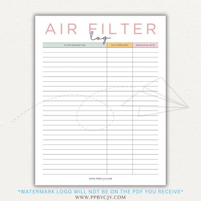 Air Filter Replacement Log Printable PDF Template for HVAC Maintenance Tracking