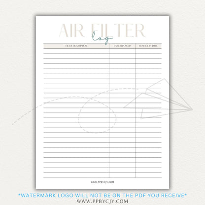 Air Filter Replacement Log Printable PDF Template for HVAC Maintenance Tracking