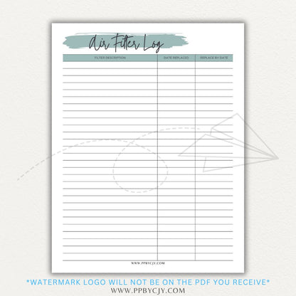 Air Filter Replacement Log Printable PDF Template for HVAC Maintenance Tracking