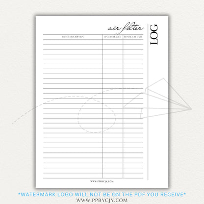 Air Filter Replacement Log Printable PDF Template for HVAC Maintenance Tracking