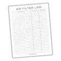 Air filter log sheet with columns for filter description, date replaced, and person responsible on a white background.