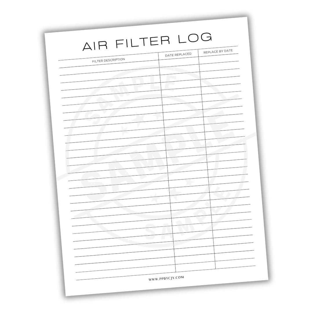 Air filter log sheet with columns for filter description, date replaced, and person responsible on a white background.