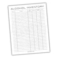 Alcohol inventory sheet with columns for date, alcohol name, unit amount, quantity per, cost per, and total.