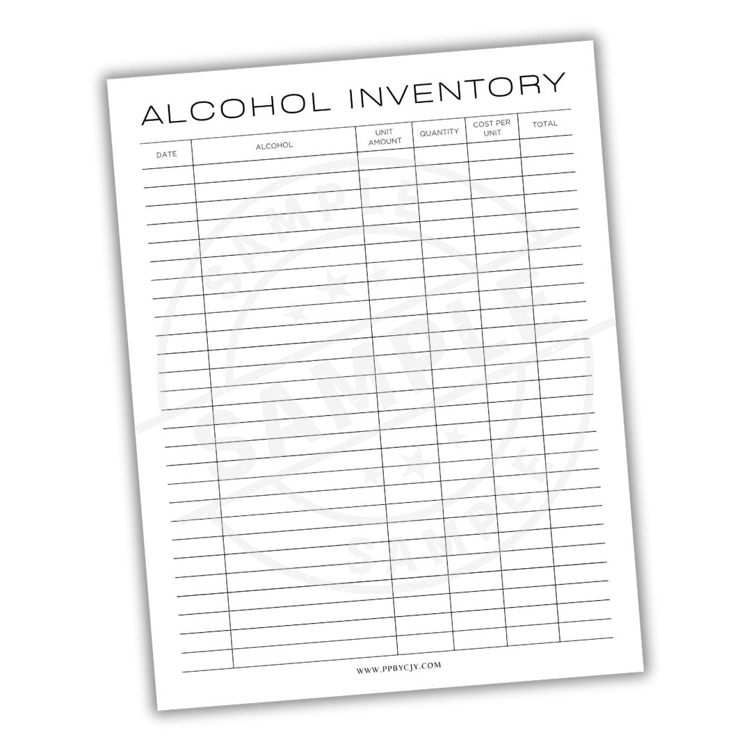 Alcohol inventory sheet with columns for date, alcohol name, unit amount, quantity, cost per unit, and total.