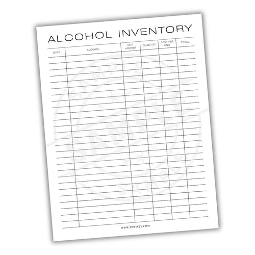 Alcohol inventory sheet with columns for date, alcohol name, unit amount, quantity, cost per unit, and total.
