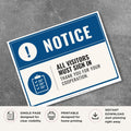Printable All Visitors Must Sign In notice sign featuring a professional blue notice design, clipboard symbol, and visitor check-in requirement for offices, schools, businesses, and reception areas.
