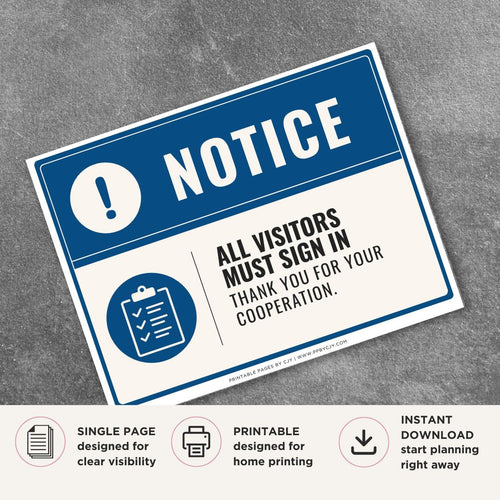Printable All Visitors Must Sign In notice sign featuring a professional blue notice design, clipboard symbol, and visitor check-in requirement for offices, schools, businesses, and reception areas.
