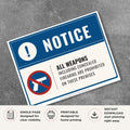 Printable All Weapons Prohibited notice sign featuring a professional blue notice design, no firearms symbol, and message stating that weapons including concealed firearms are prohibited on the premises.
