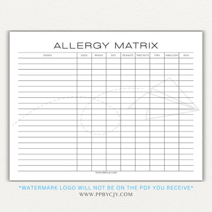 Restaurant Food Allergy Matrix Printable PDF Template for Menu Allergen Tracking