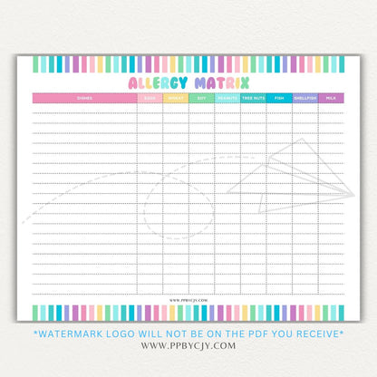 Restaurant Food Allergy Matrix Printable PDF Template for Menu Allergen Tracking