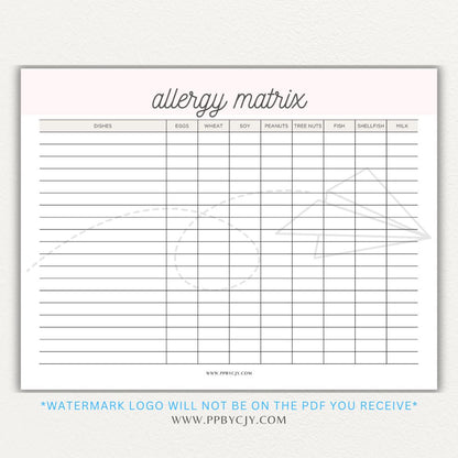 Restaurant Food Allergy Matrix Printable PDF Template for Menu Allergen Tracking
