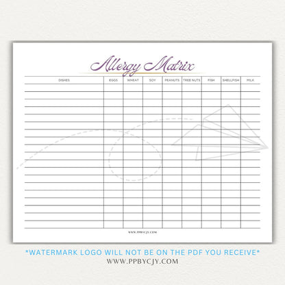 Restaurant Food Allergy Matrix Printable PDF Template for Menu Allergen Tracking