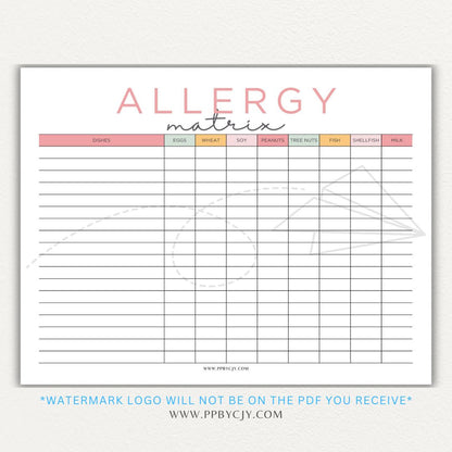 Restaurant Food Allergy Matrix Printable PDF Template for Menu Allergen Tracking