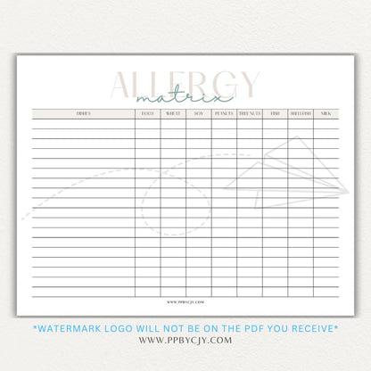 Restaurant Food Allergy Matrix Printable PDF Template for Menu Allergen Tracking