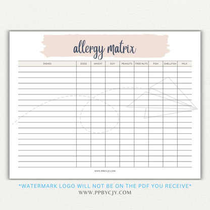 Restaurant Food Allergy Matrix Printable PDF Template for Menu Allergen Tracking