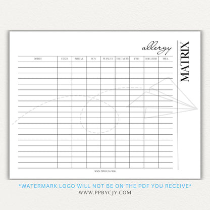 Restaurant Food Allergy Matrix Printable PDF Template for Menu Allergen Tracking