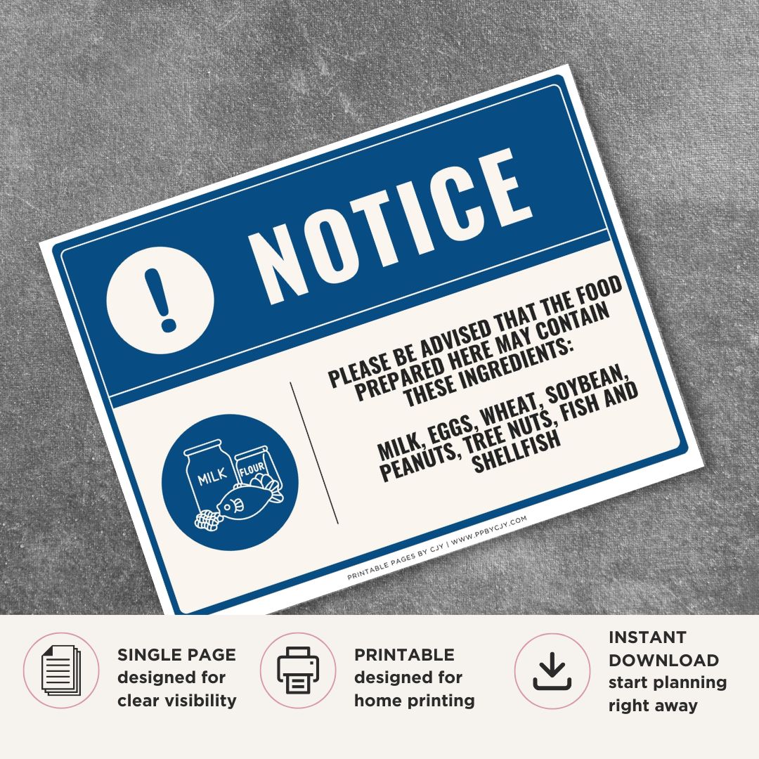 Printable Food Allergy Notice sign featuring a professional blue notice design and allergen warning message listing milk, eggs, wheat, soybean, peanuts, tree nuts, fish, and shellfish.