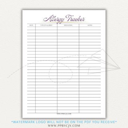  Allergy Tracker Printable PDF Template for Monitoring Symptoms and Triggers