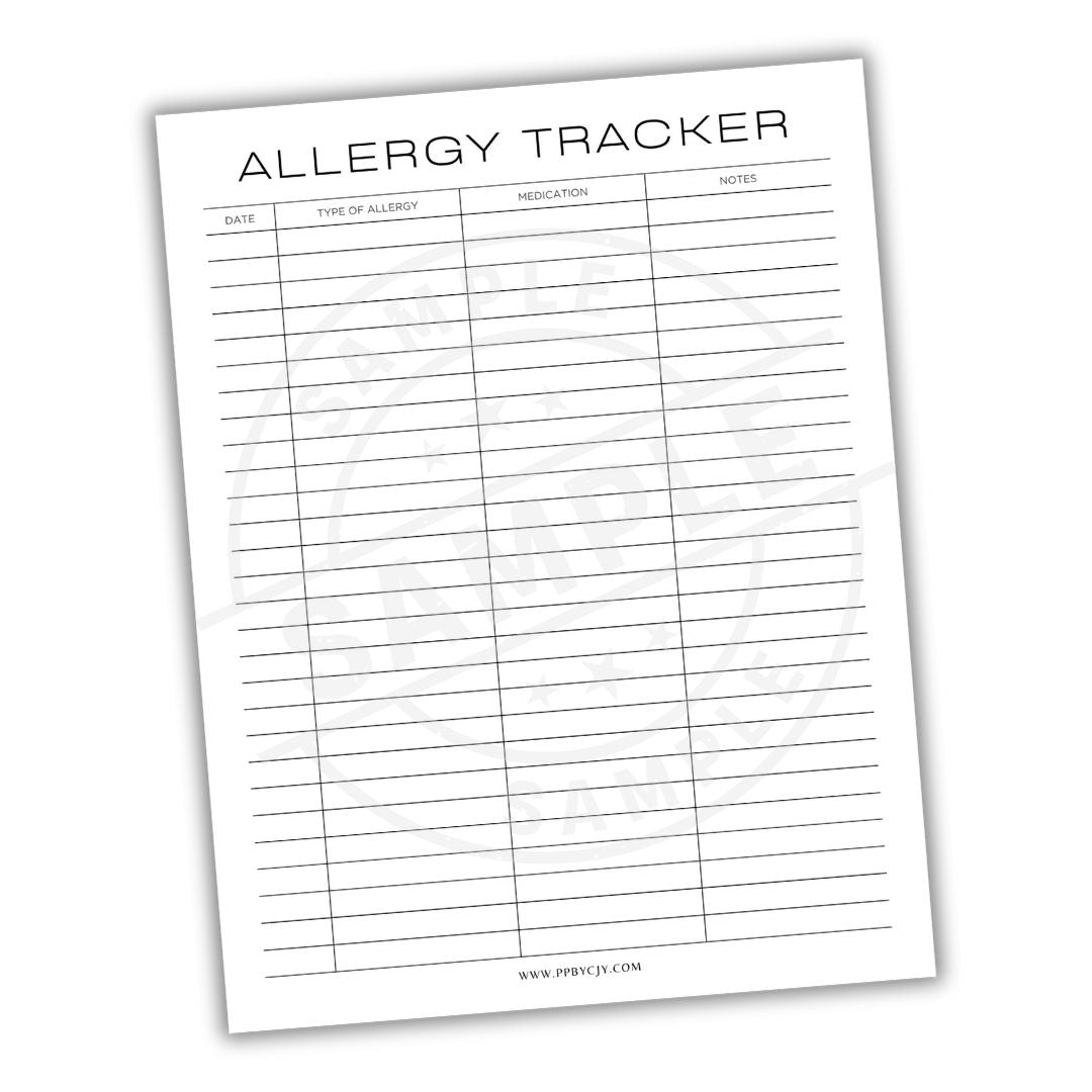 Allergy tracker sheet with columns for date, type of allergy, medication, and notes on a white background.