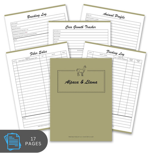 alpaca and llama management notebook with various forms on a white background