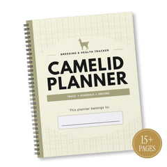 Camelid Planner spiral-bound notebook with a cream cover, black text, and a gold seal indicating 15+ pages, shown on a white background.