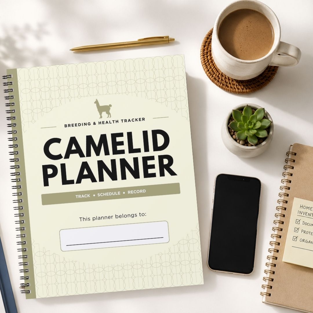 A spiral-bound Camelid Planner notebook shown in a styled flat-lay on a white surface, surrounded by a cup of coffee, a pen, a small succulent, a smartphone, and another notebook.