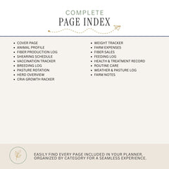 A digital preview of a 'Complete Page Index' for a horse riding or equestrian lifestyle planner, detailing the various categorized pages included in the set against a neutral beige background.