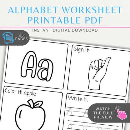 Alphabet Worksheet Printable Template – Say it, Sign it, Color it, Write it – Digital download for classroom or homeschool learning.