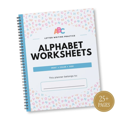 A spiral-bound workbook titled 'ALPHABET WORKSHEETS' with a white cover decorated with colorful alphabet letters, a blue side binding, and a gold circular badge reading '25+ PAGES'.