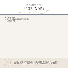 A beige and off-white page index cover for a planner, featuring the title 'COMPLETE PAGE INDEX' at the top, a bulleted list of included pages, and descriptive text at the bottom with a small leaf logo.