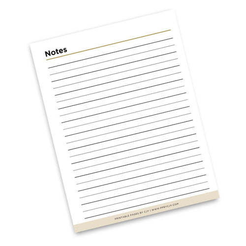 A single lined notes page with the word 'Notes' at the top left, shown on a clean white background. The page has thin black horizontal lines and a small beige footer with tiny printed text.