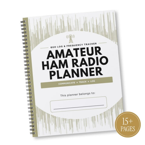 Amateur Ham Radio Planner spiral notebook with a white cover, black text, and a gold accent bar, shown on a white background with a gold '15+ Pages' badge.