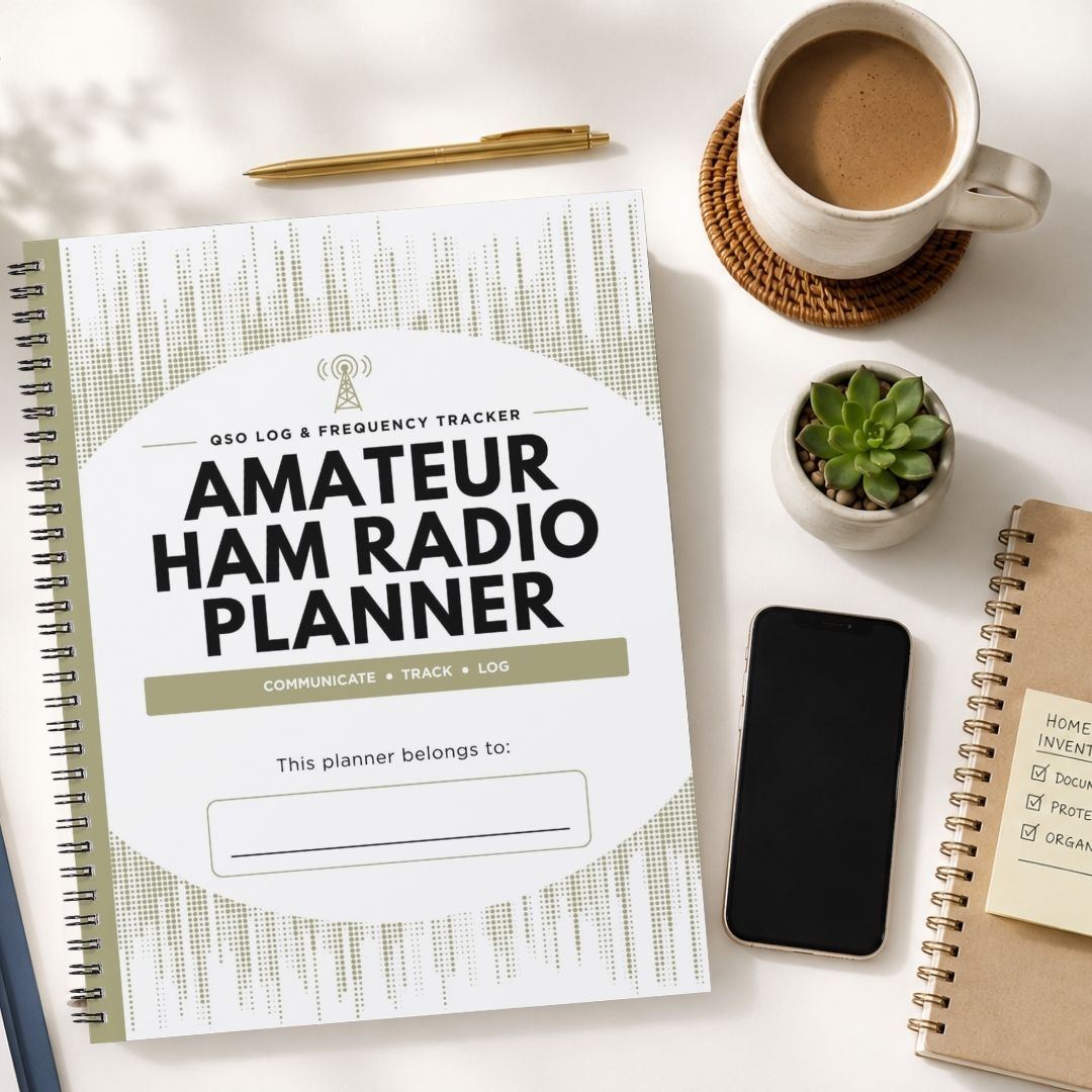 A spiral-bound Amateur Ham Radio Planner notebook is shown in a styled flat-lay arrangement on a white surface, surrounded by a coffee cup, a pen, a small succulent, a smartphone, and another notebook.