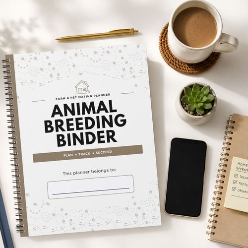 A spiral-bound planner titled 'Animal Breeding Binder' lies on a white surface, surrounded by a coffee cup, pen, small succulent, smartphone, and another notebook. The planner cover is white with subtle speckled patterning and black text.