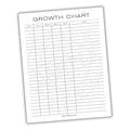 Growth chart with columns for date, age, weight, length, height, and notes on a white background.