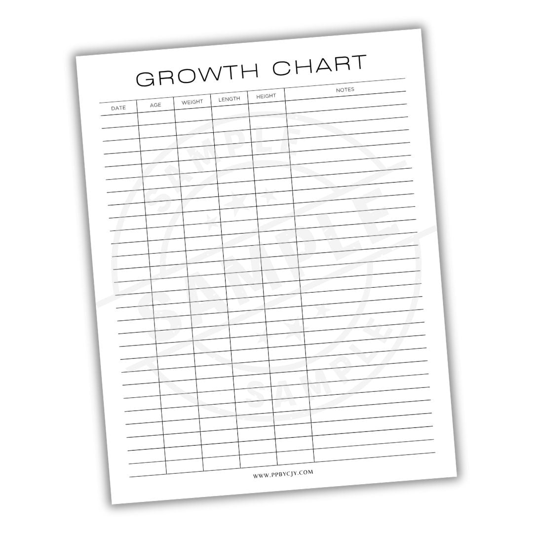 Growth chart sheet with columns for date, age, weight, length, and notes on a white background.
