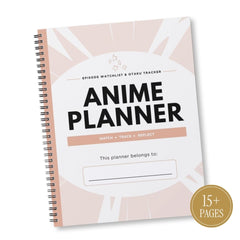 An anime planner notebook with a spiral binding, featuring a white cover with a soft pink sunburst design and bold black text reading 'ANIME PLANNER'. A gold circular badge in the bottom right corner reads '15+ PAGES'.