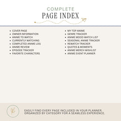 A page index cover for an anime planner, featuring a clean cream background with dark teal text and bullet points listing categories such as cover page, owner information, currently watching, anime log, episode tracker, favorite characters, my top anime, genre tracker, mood watch list, seasonal anime tracker, rewatch tracker, quotes & moments, merch wishlist, and anime event planner.