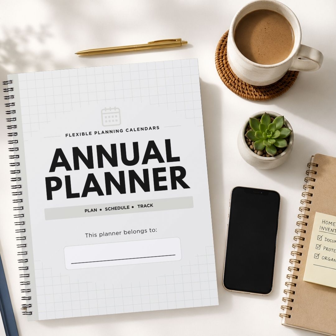 A spiral-bound annual planner with a white grid cover and bold black text reading 'ANNUAL PLANNER' is shown in a styled flat-lay. The planner is surrounded by a cup of coffee on a coaster, a small potted succulent, a smartphone, and other notebooks on a light neutral background.
